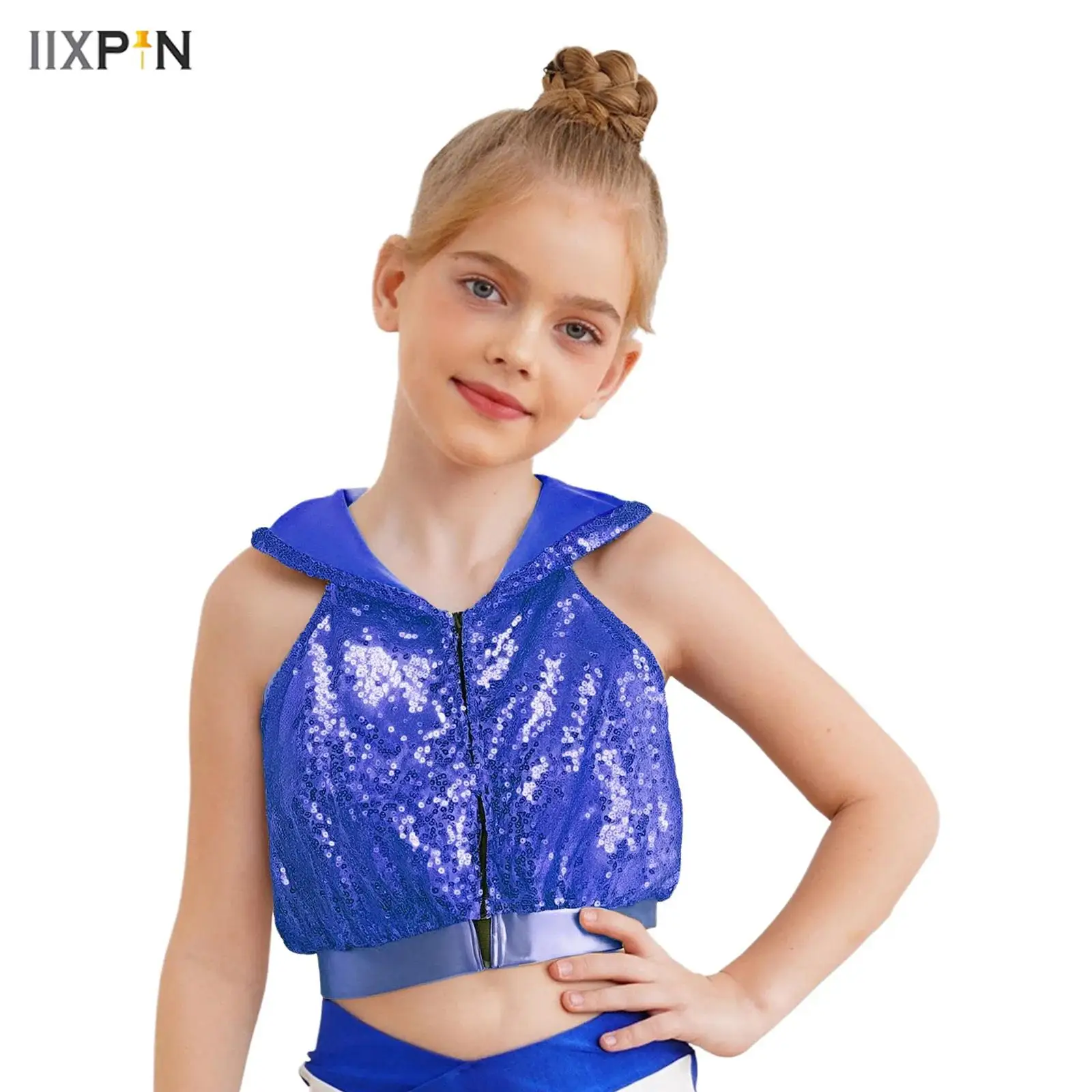 

Kids Girls Hip-Hop Jazz Dance Costume Sleeveless Backless Front Zipper Sparkling Sequins Hooded Crop Top Vest Coat Dancewear
