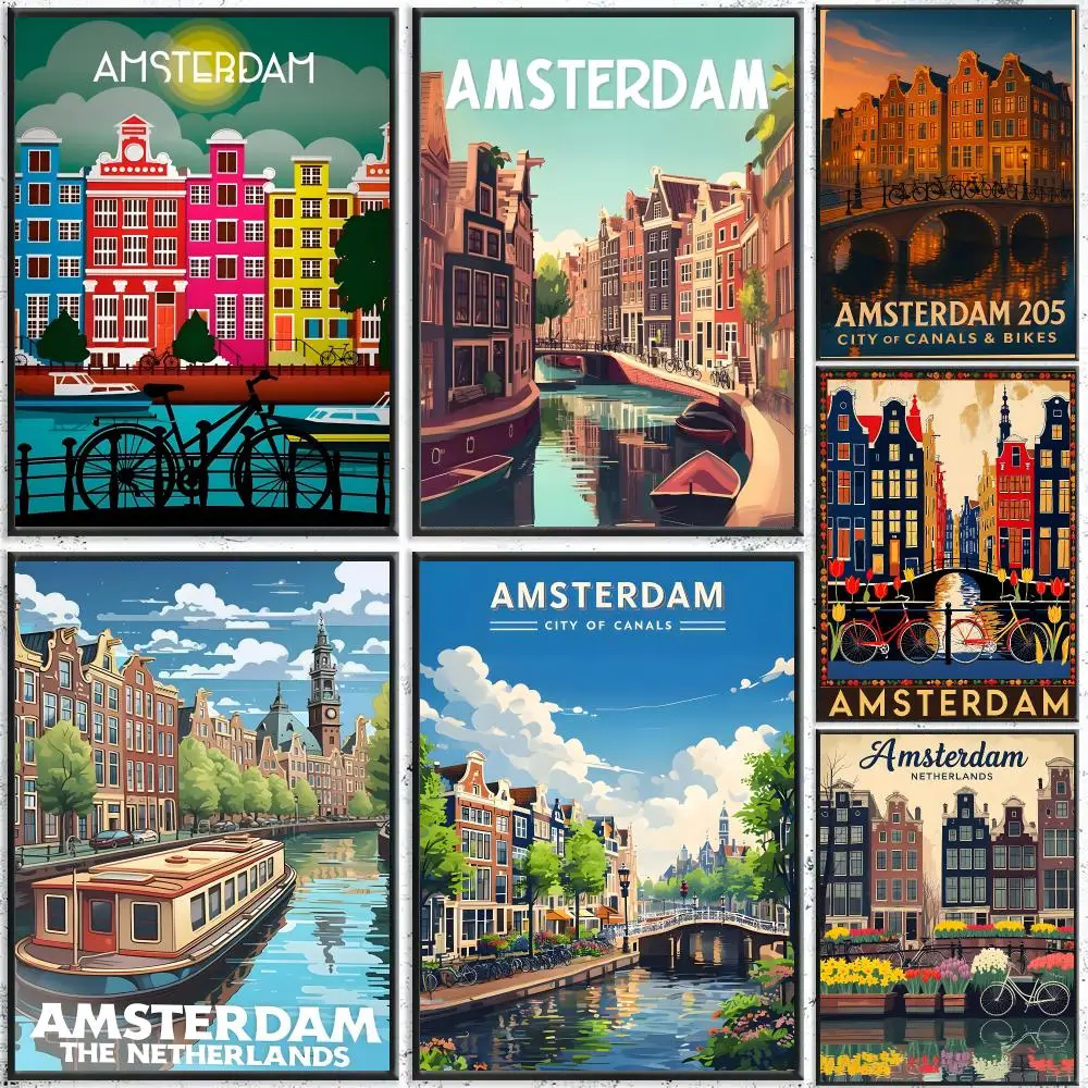 Pattern Amsterdam Canal Poster Self-Adhesive Waterproof Wall Stickers, Coffee Bar Home Wall Decor