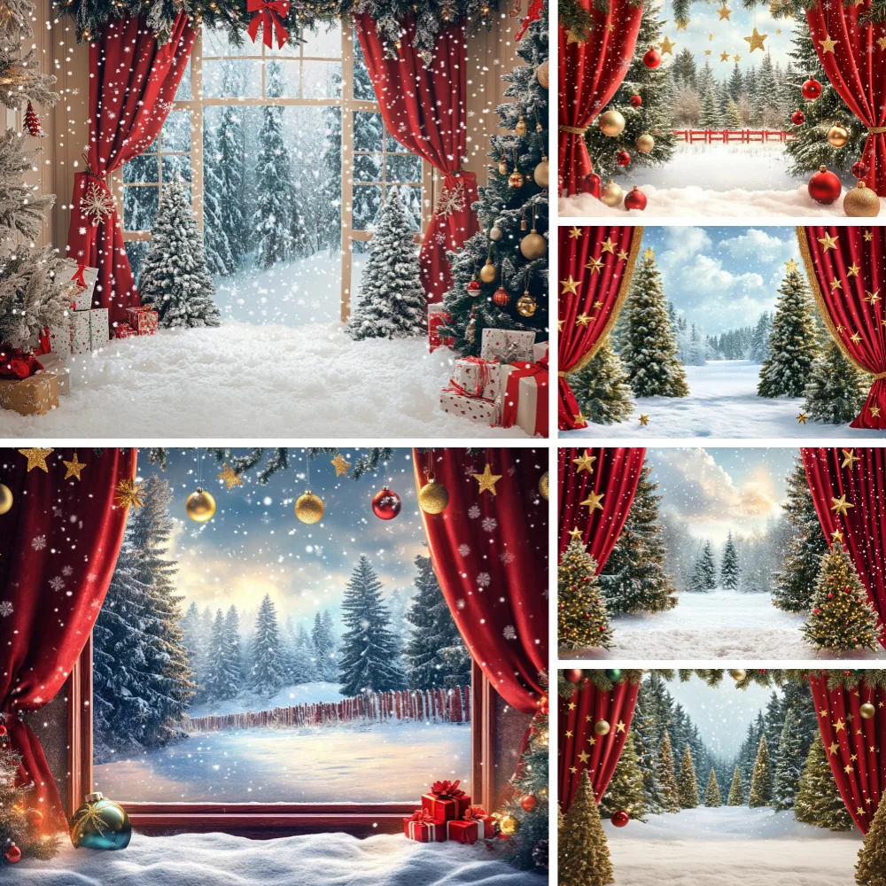 

Photography Backdrop Red Curtains Snow Christmas Tree Gift Balloon Decoration Kid Xmas Holiday Backgrounds For Photographs
