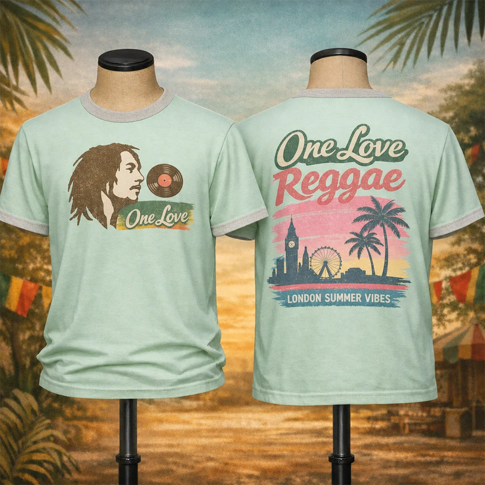 One Love Reggae Eltern-Kind Unisex T-Shirt im Vintage Bob Marley Stil London Summer Vibes Atmungsaktives Ringer-Kurzarm-Outfit – Detail 7