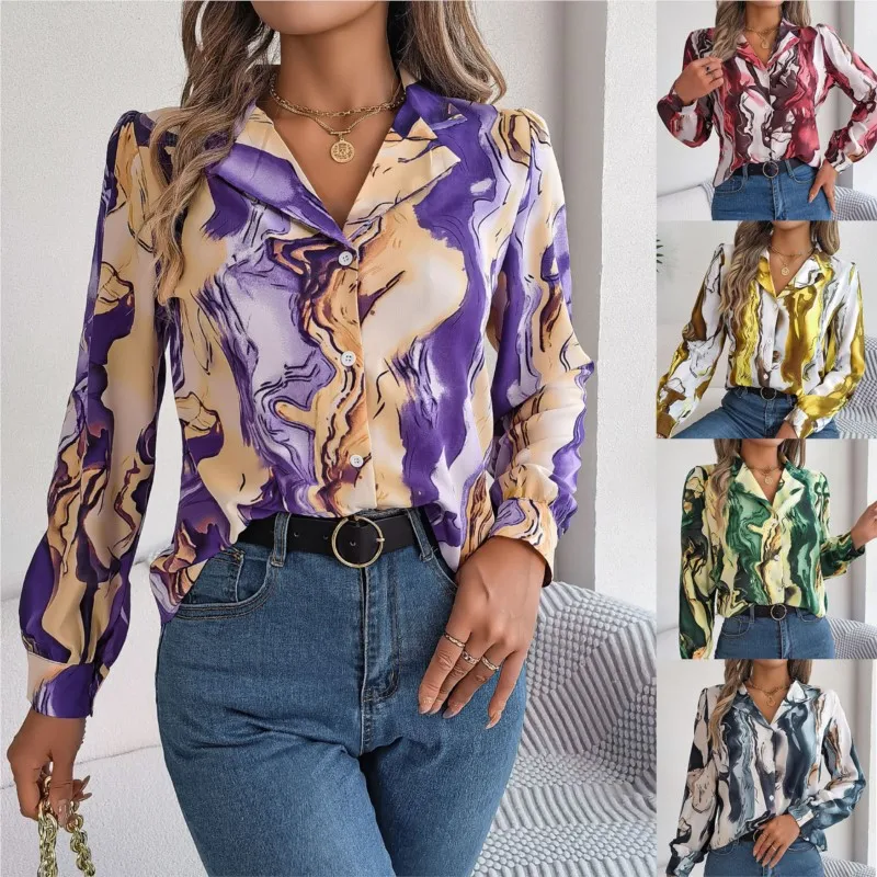 Shirt Spring Autumn Casual Long Sleeve Women Single Breasted V-neck Contrasting Colors Print Blouse Elegant Office Lady Clothes