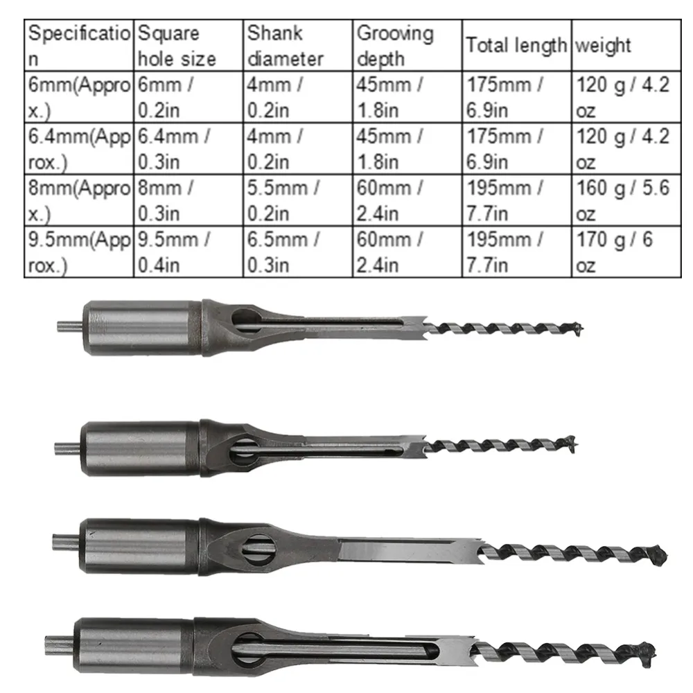 4pcs Bearing Steel Material Square Hole Drill Bits 1/4 5/16 3/8 1/2 Inch 6-9.5mm Size Range Woodworking Drill Bit Set