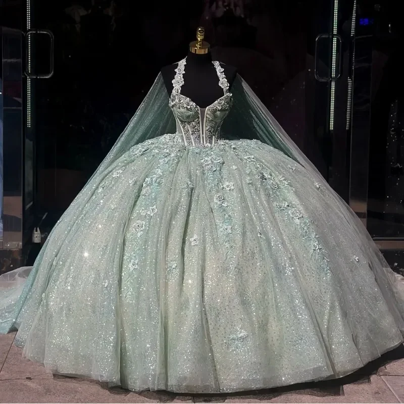 Shinning Mint Green Quinceanera Dresses Sexy Spaghetti Strap Birthday Party Ball Gowns Tull Princess vestidos de 15 quinceañera