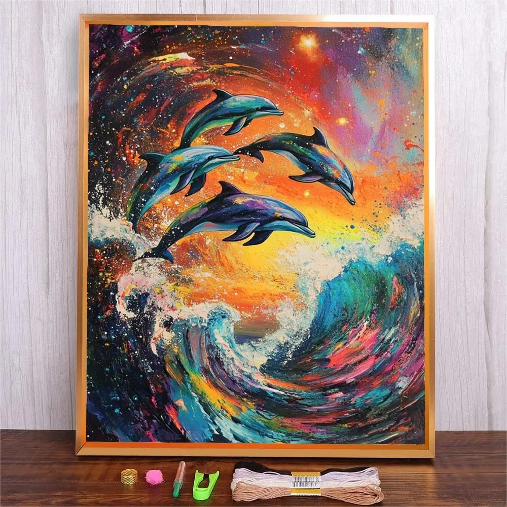 

DMC Threads Full Cross Stitch Kit 11CT/14CT Fabric Canvas Sewing Pattern Embroidery Set Colorful Seascape Dolphin Art Picture
