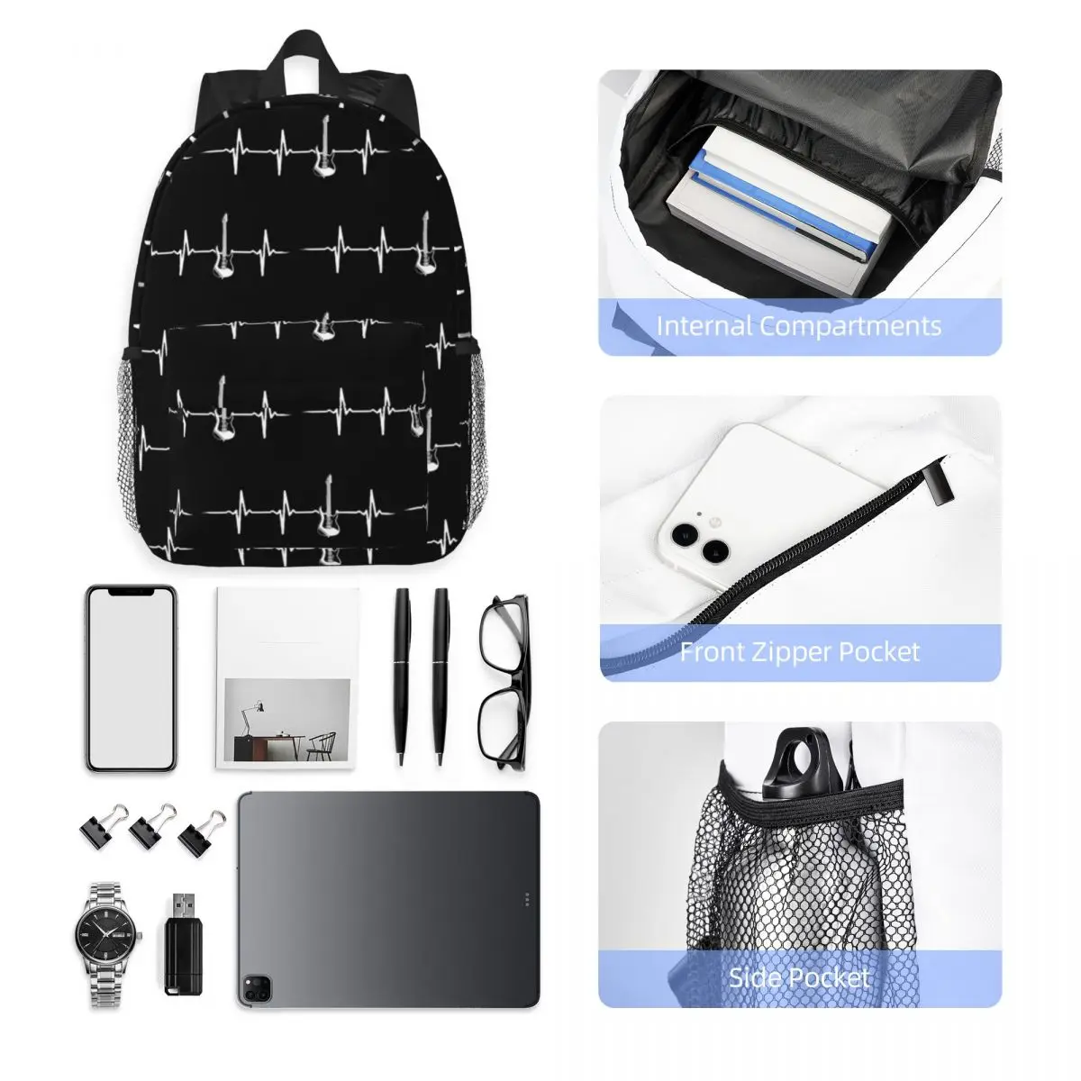 Electric Guitar Heartbeat Backpack Hot Sale Daypack Large Capacity Boys Girls BookBag Shoulder Bags for Men Women School Bag