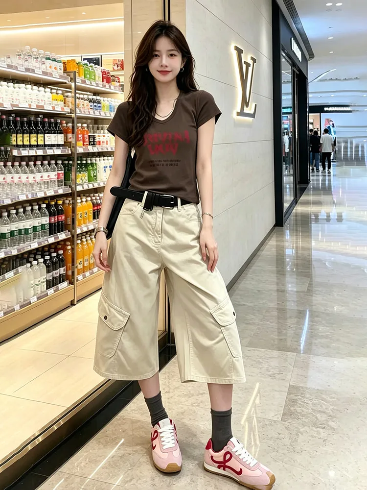 plus Size Casual Street Style T-Shirt And Pants Set with Multiple Pockets Seven-Foot Loose Fit Two-Piece Women's Fashion Ense...