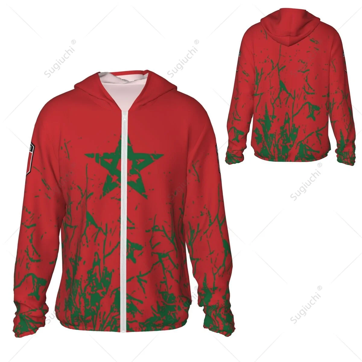 Sudadera con capucha de protección solar de grano de bandera de Marruecos, ropa de protección solar, pesca, ciclismo, correr, secado rápido, manga larga con cremallera, poliéster