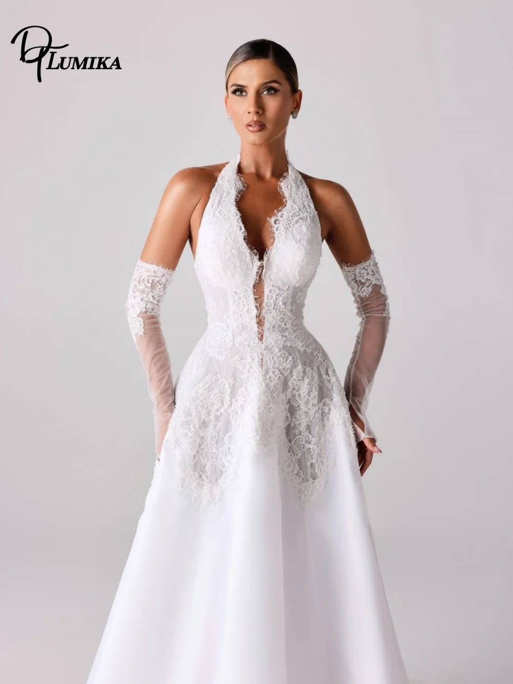 Elegant Halter Deep V Lace Satin Wedding Dress Customized Long Tulle Sleeve Bridal Gown Luxury Chapel Train Vestido De Novia