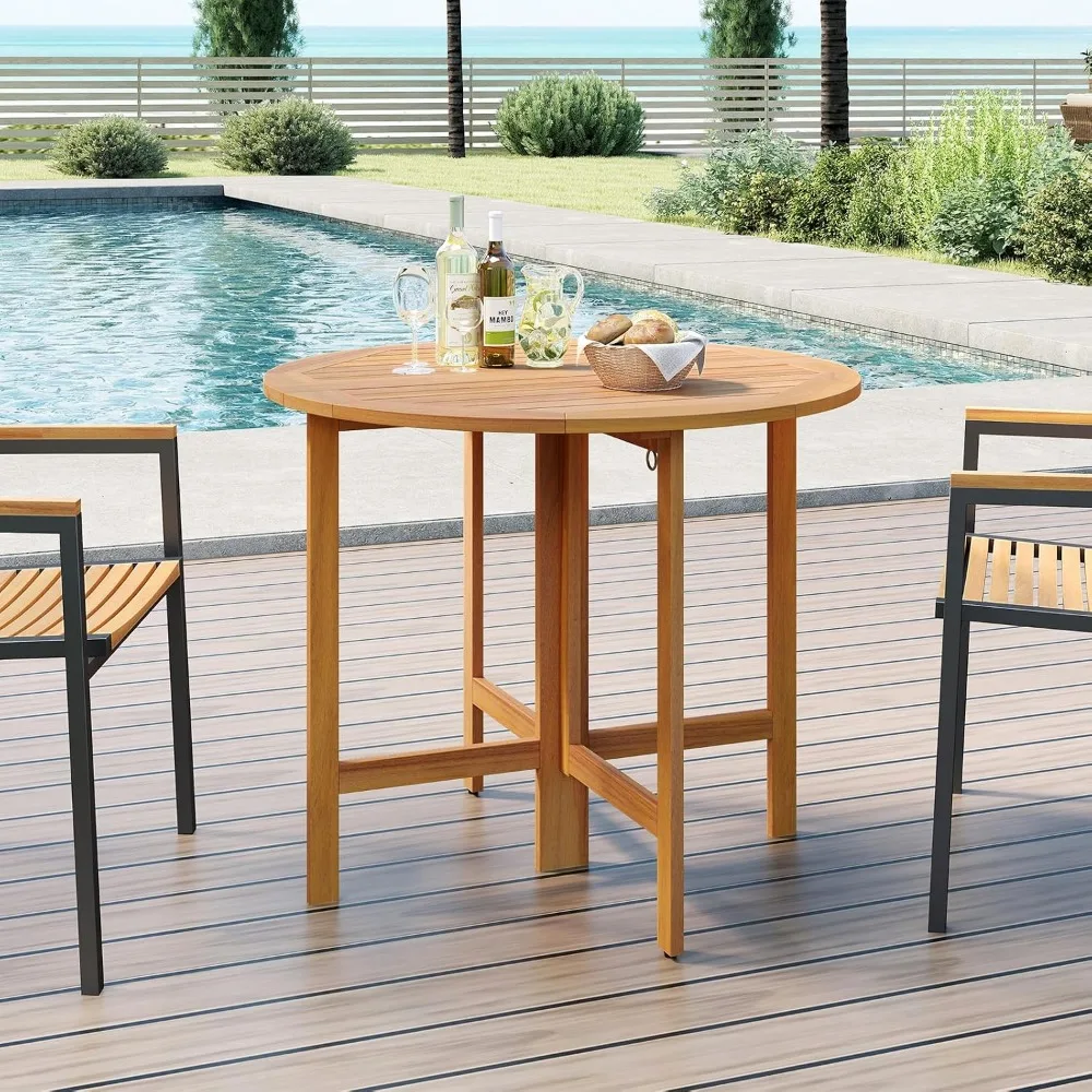 36 Inch Round Folding Dining Table, Acacia Wood Top, 4-Person Patio Furniture for Outdoor Spaces