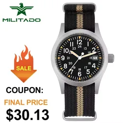 Militado ML05 38mm Military Field Watch Ronda 515 Quartz Movement Domed Sapphire Crystal Waterproof 100M Super Luminous Watches