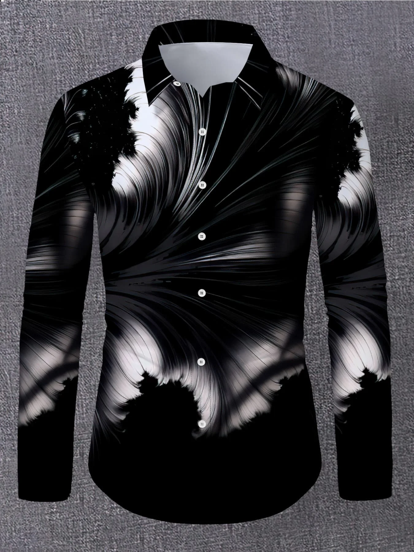Men Long Sleeve Button Down Shirt Black‑White Swirl Abstract Print Polyester Lapel Collar Casual Party