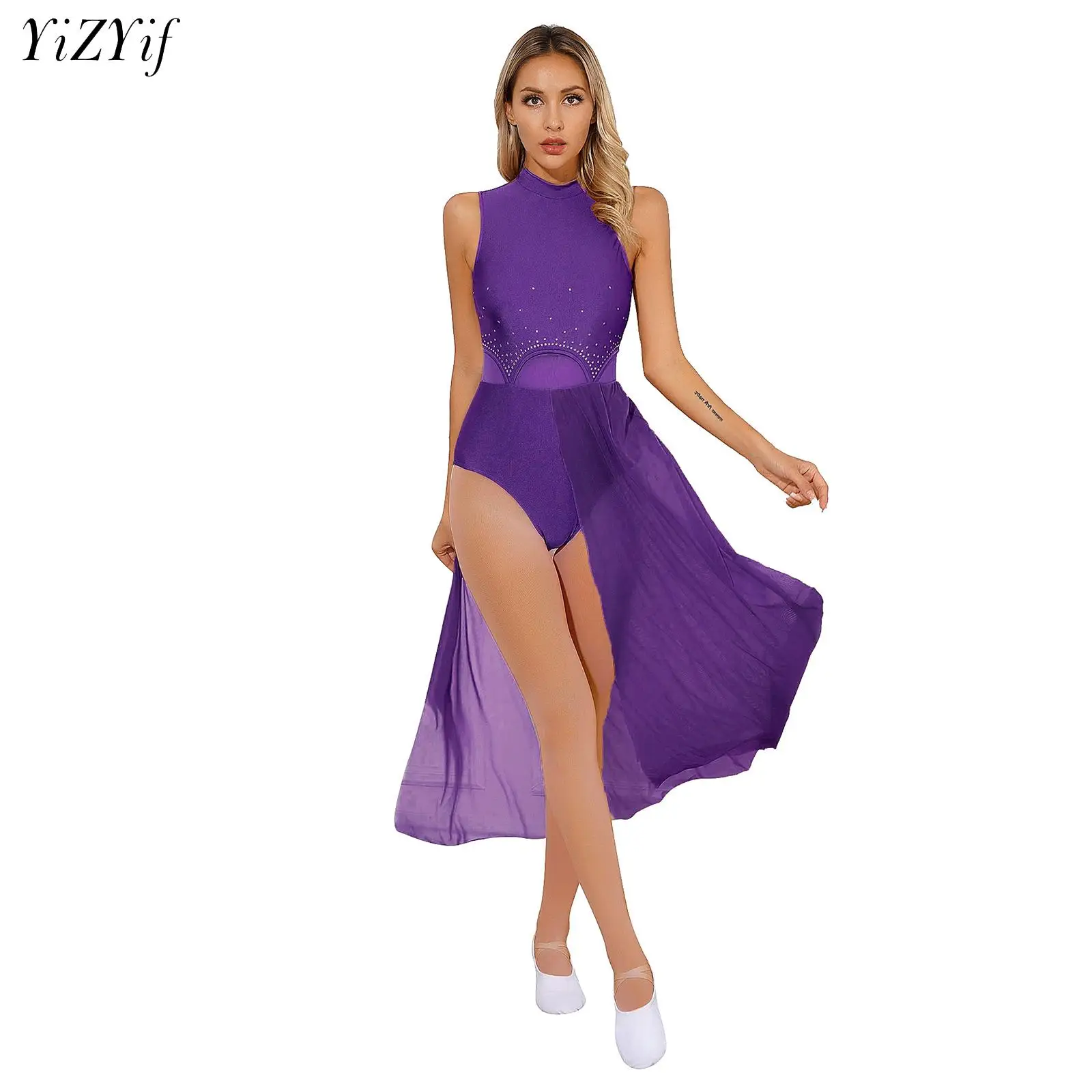 Women Modern Lyrical Dance Maxi Dress Ballet Gymnastics Leotard Sleeveless Split Sheer Contemporary Stage Performance Dancewear