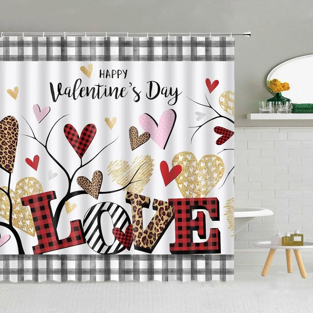 Valentine's Day Shower Curtain, Red Pink Love Hearts Whereabouts Black and White Stripes Romantic Genie Bathroom Decorations