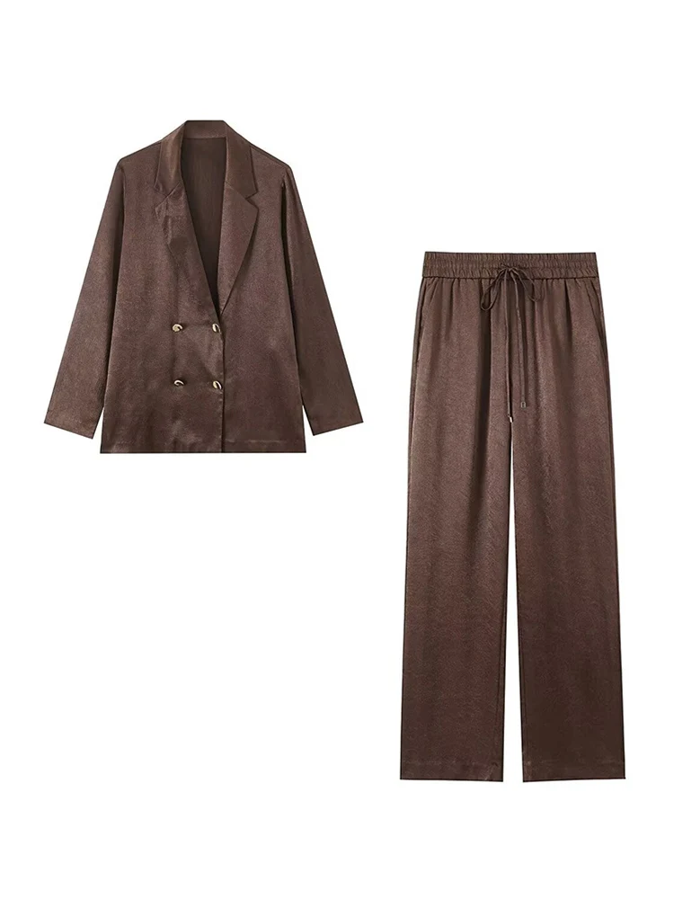 Damespak 2026 Lente Nieuwe Stijl Roodbruin Lang Mouwloos Gedrapeerd Geplooide Decoratieve Simpele Blazer en Broek Set Mode - afbeelding 2