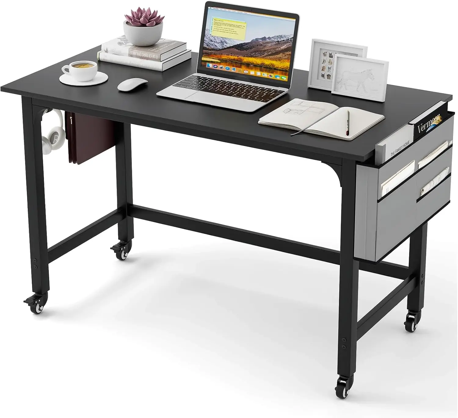 

48” Mobile Computer Desk with Storage Bag & 2 Hanging Hooks, Rolling Home Office Writing Study Desk