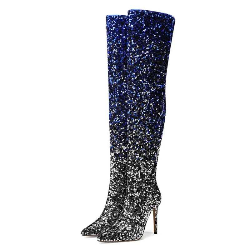 European and American Sexy Gradient Sequin Knee Length Boots for Women's Nightclubs, Slim High Heels, Pointed Toe Runway Boots