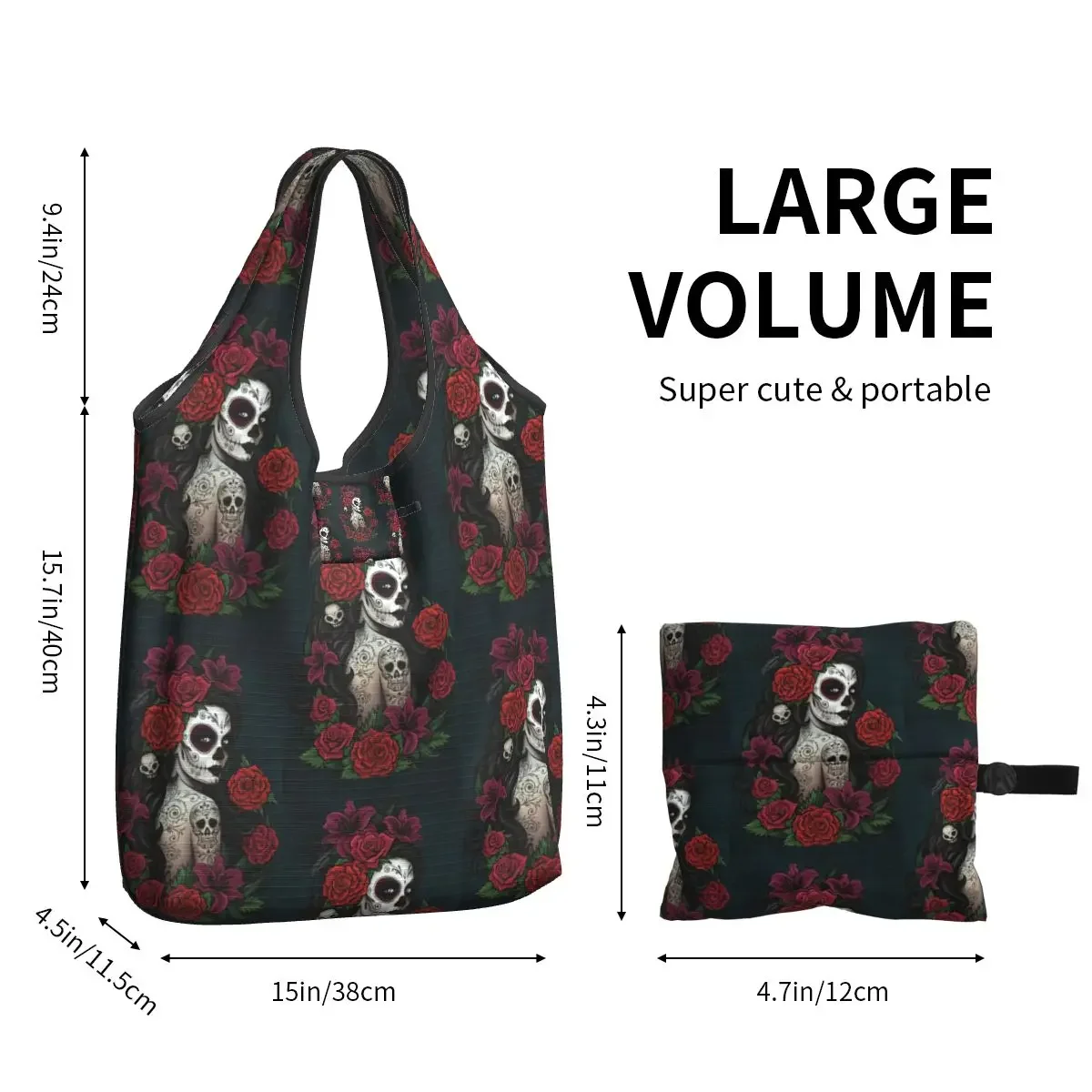 Fashion Mexican Sugar Skull  Day Of The Dead Shopping Tote Bag Portable Skeleton Gothic Halloween Groceries Shoulder Shopper Bag