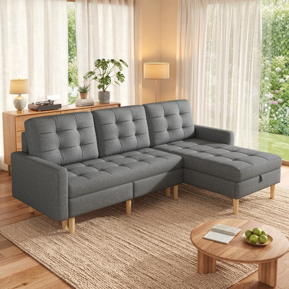 3-Sitzer Ecksofa für das Wohnzimmer, Vielseitiges L-Sofa mit Austauschbarer Chaiselongue-Armlehne, Langlebige Vliesstoff-Polsterung und Integrierter Stauraum unter dem Sitz, Kompaktes Modulares