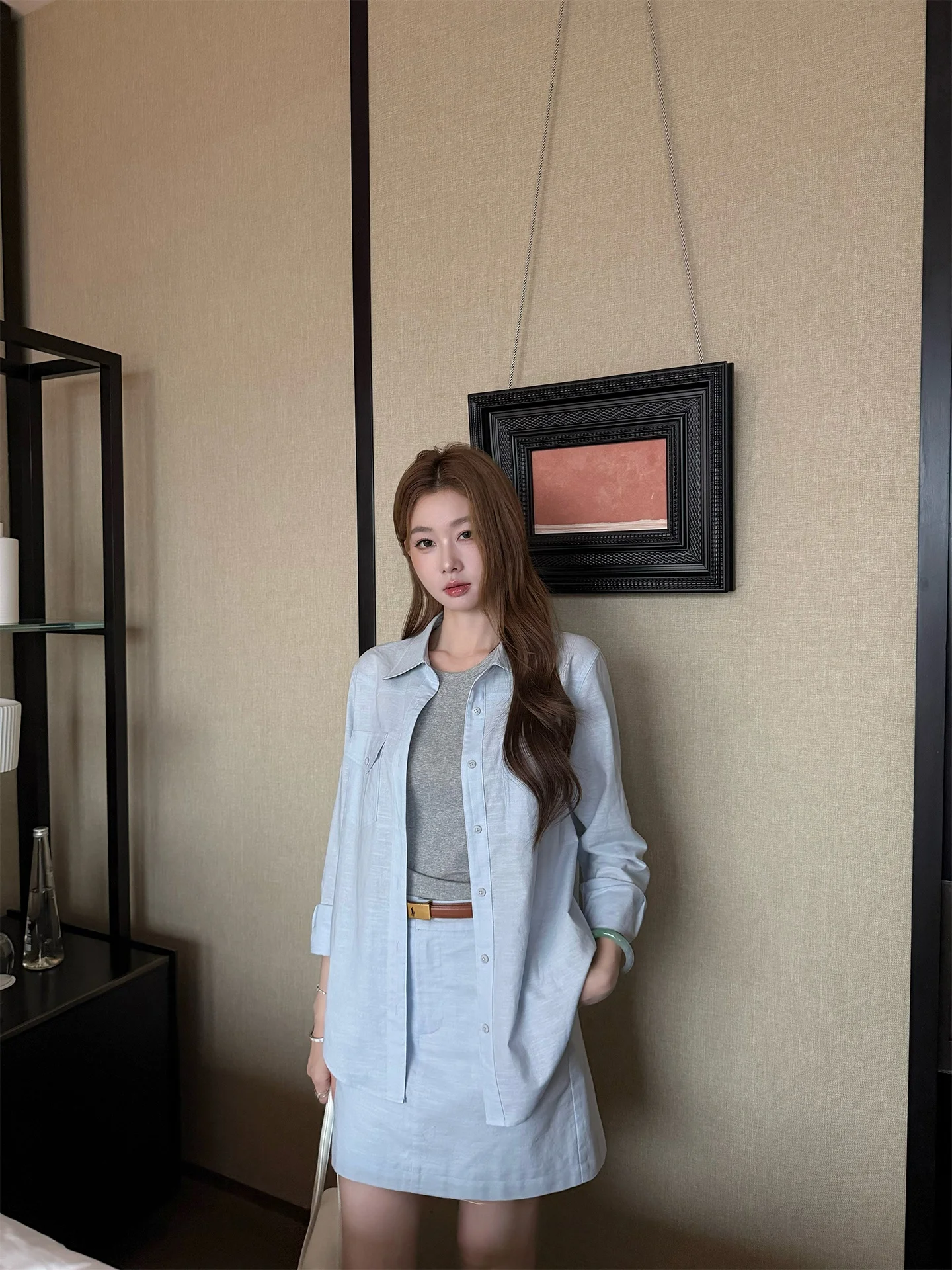 

Elegant Oxygen Feel Casual Shirt Skirt Set Women Summer High Waist Cotton Blend Fashionable Two Piece Ensemble for Leisure An...