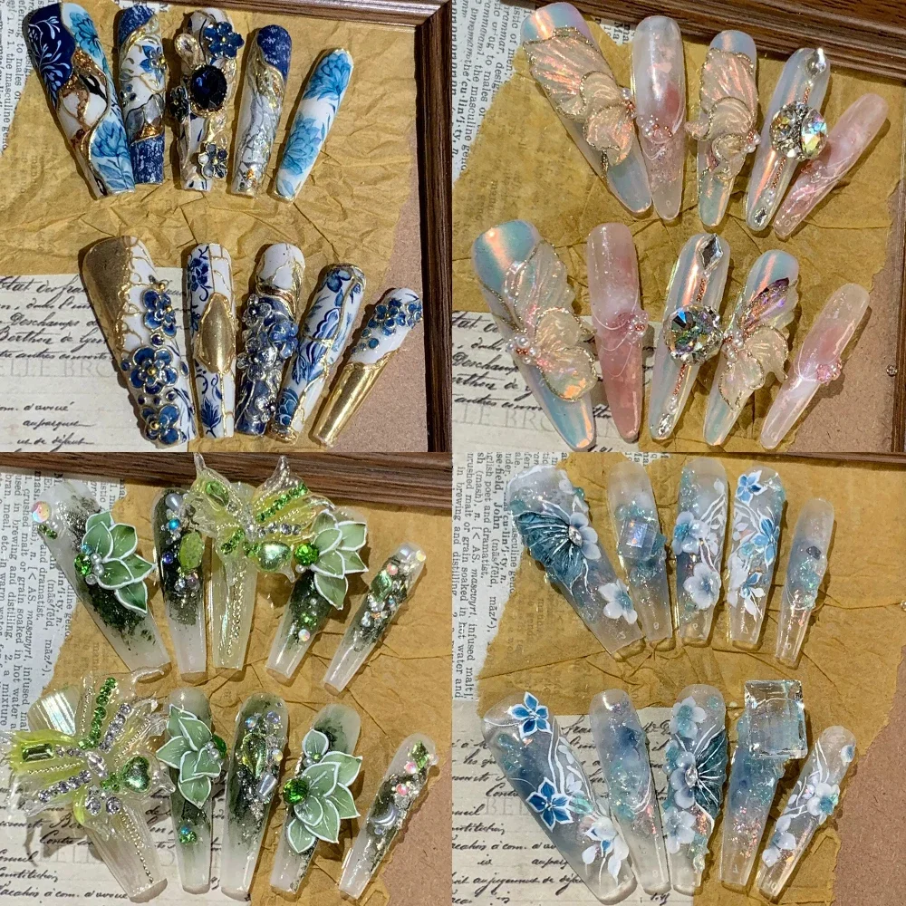 

10Pcs Light Luxury Long Coffin Stiletto Europe America Manicure Retro Flowers Metal Chain Rhinestone Wearable Press On Nails