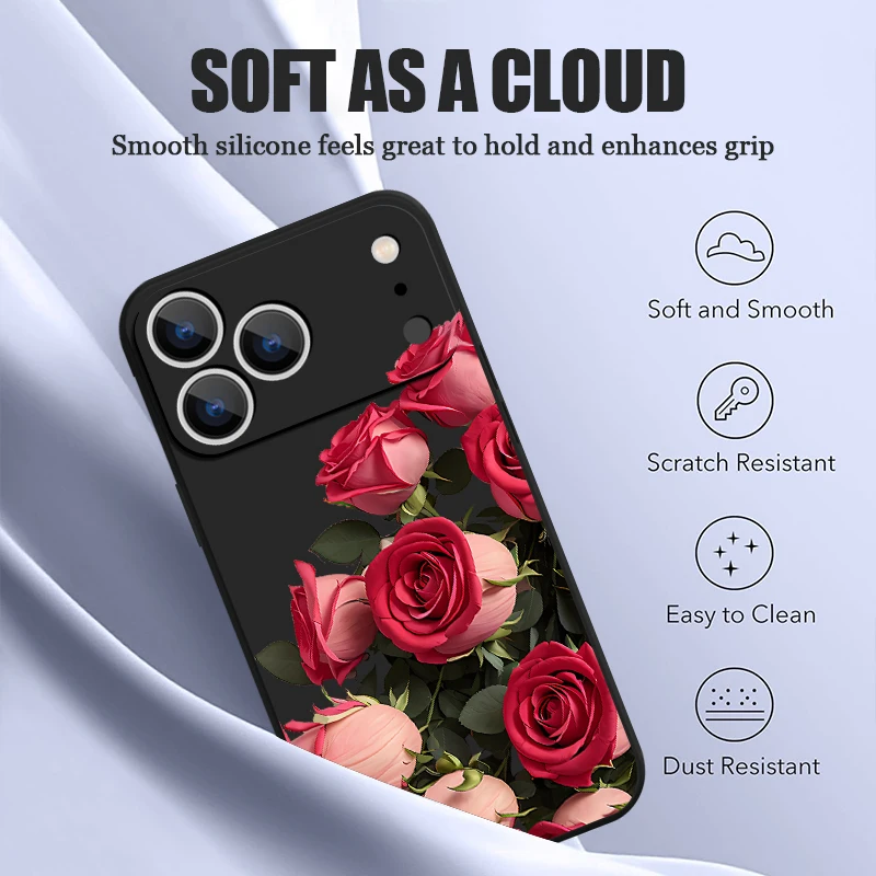 حافظة هاتف مغناطيسية من البولي يوريثان لهاتف آيفون 16E 17 Pro Max Air 16 15 14 Pro 13 12 Pro Max 11 غطاء حبل ناعم بنمط زهور الورد الأحمر #5