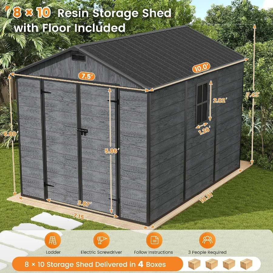 Outdoor Resin Storage Shed 8 x 10 Feet, Plastic Storage Shed with Floor Large Outdoors Garden Tool Storage Shed Outside Clearan