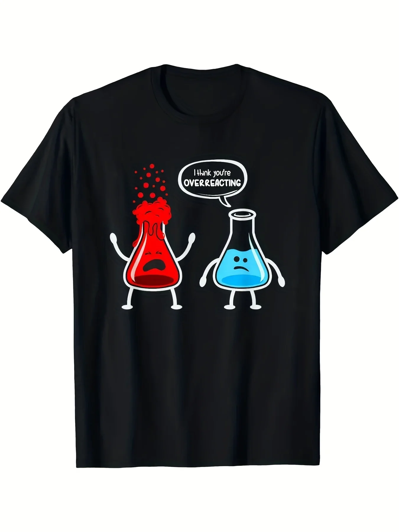 Funny Men's Black Graphic T-Shirt Cartoon Chemistry Flask Explosion Blue Beaker Overreacting Quote Science Lab Humor Print 100% Cotton Heavyweight Short Sleeve Casual Streetwear Tee