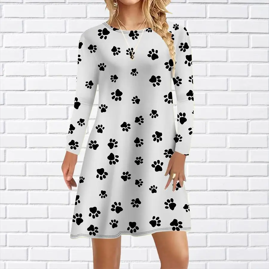 เดรสลายรอยเท้าแขนยาวสำหรับผู้หญิง สไตล์ลำลอง ออกงาน ฤดูใบไม้ร่วง ฤดูหนาว คอกลม ทรงหลวม ทรงเอ ไซส์ใหญ่ เดรสฤดูใบไม้ผลิสำหรับผู้หญิง