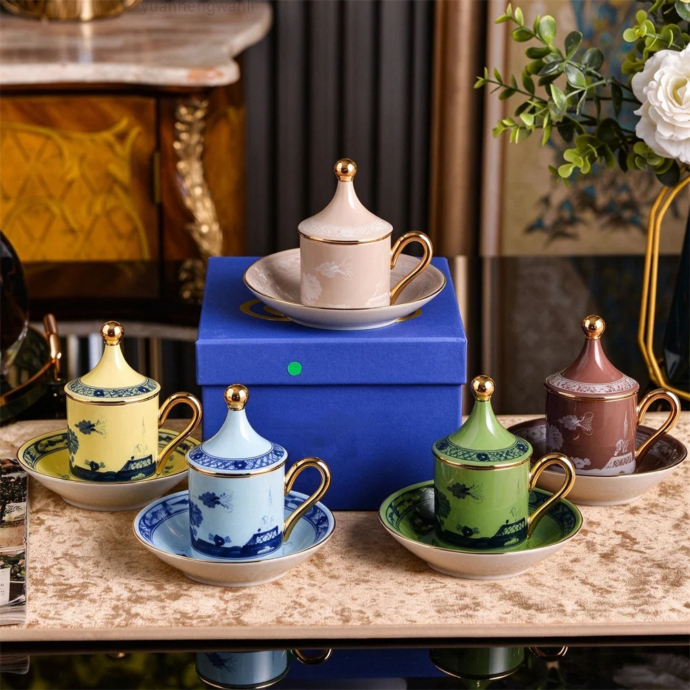 Oriental Serise Porcelain Cup and Saucer Set With Lid Luxury Vintage European Tea Coffee Mug With Gift Box Home Tabletop Decor