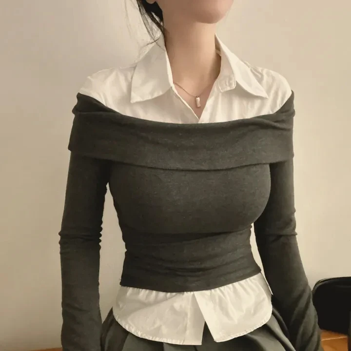 Faionable One-oulder Splice irt Korean Sle Spring Autumn Winter Women's Inner Wear Casual Regular Fit Street Sle