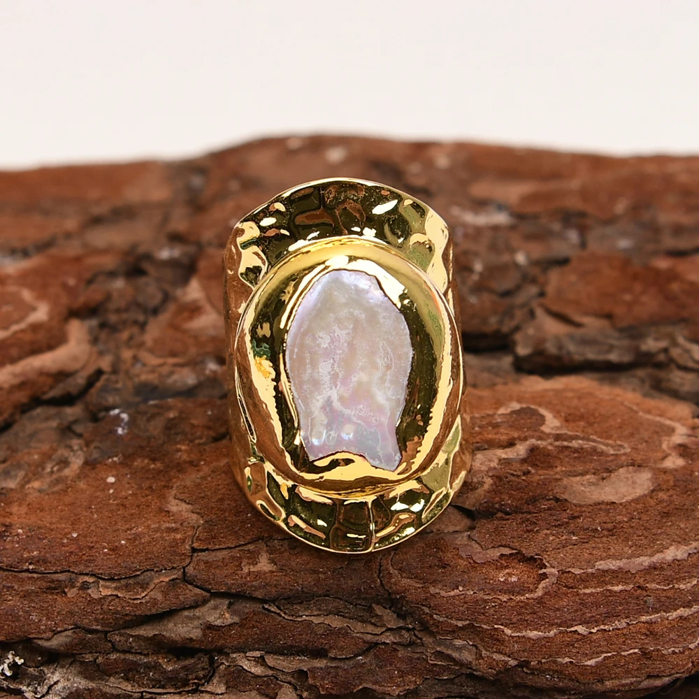 G-G Natural Cultured White Keshi Pearl Gold Plated Finger Ring Adjustable Rings For Women Jewelry Lady Simple Ring Gifts