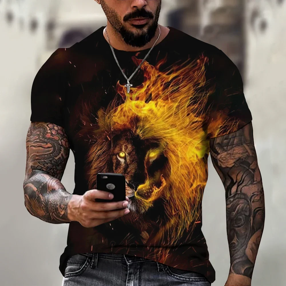 

Men's Summer Round Neck T-shirt, Plain T-shirt with 3D Llama Print, Tiger, Lion, Plus Size, Short Sleeve Top, Men's Clothing