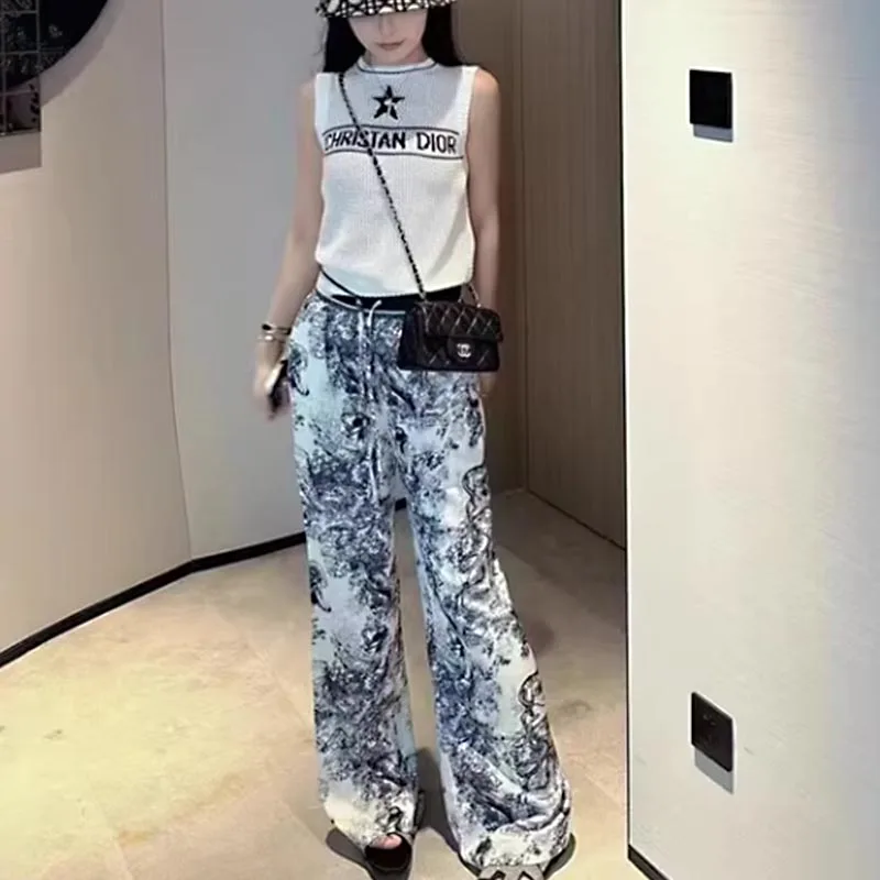 Chinese style retro ink printing 2024 spring/summer trend all-match high-waisted vertical casual wide-leg pants