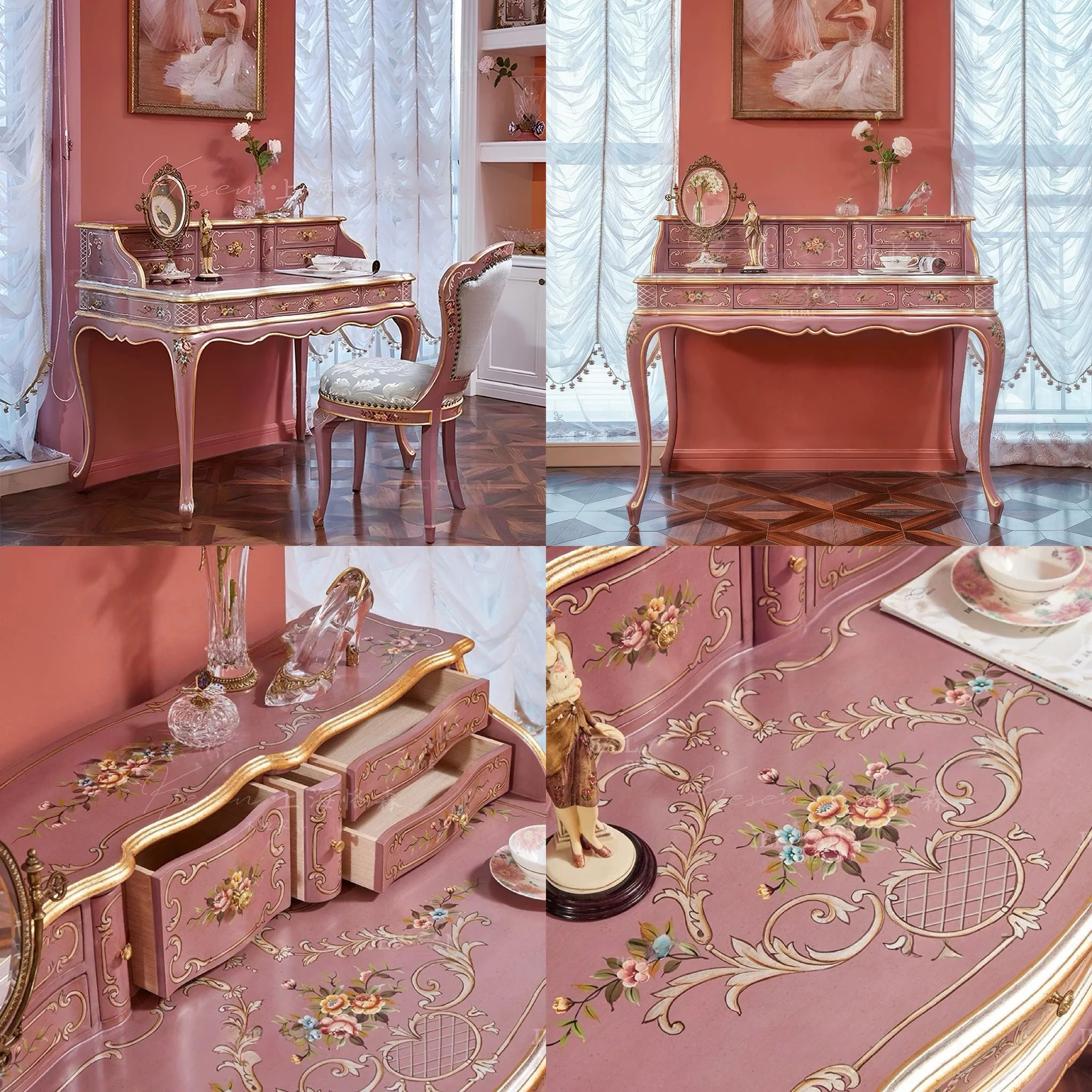 Vintage French American Style Hand Painted Vanity Dresser Table Solid Wood Luxury Princess Makeup Desk Custom Size