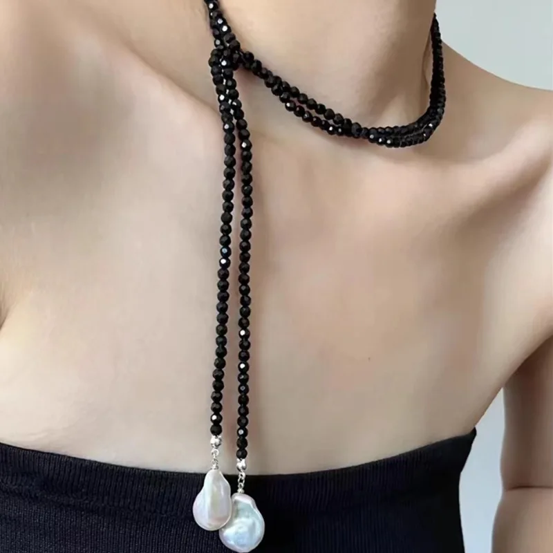 Adjustable French Vintage Necklace Irregular Pearl with Black Crystal Convertible Long Choker Social Media Trendy for Women