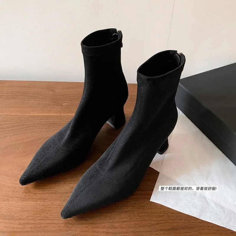Women Ankle Boots Fashion Pointed Toe Zipper Short Booties Spring Autumn Square Heels Banquet Ladies Shoes