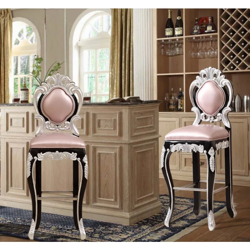 Bar KTV solid wood high stool, European bar chair, beauty salon backrest, leather engraved bar chair