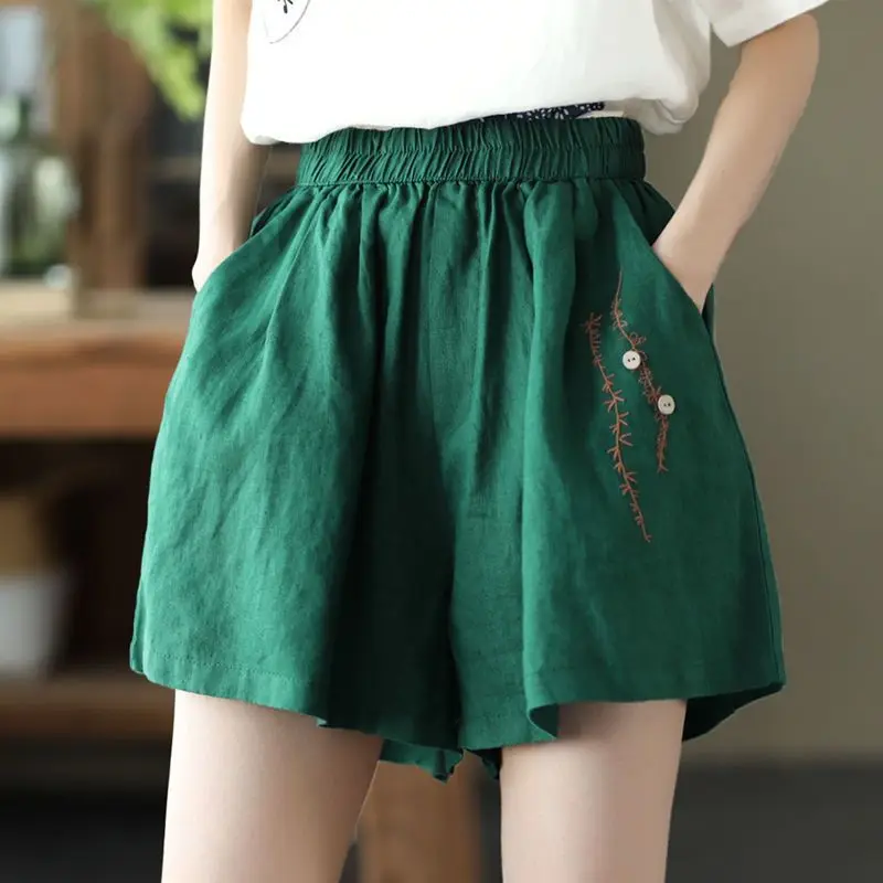 Retro Fashion Flax Shorts Femme Summer New Loose High Waist Wide Leg Pants Casual Buttons Embroidered Pocket Elastic Waist Pants