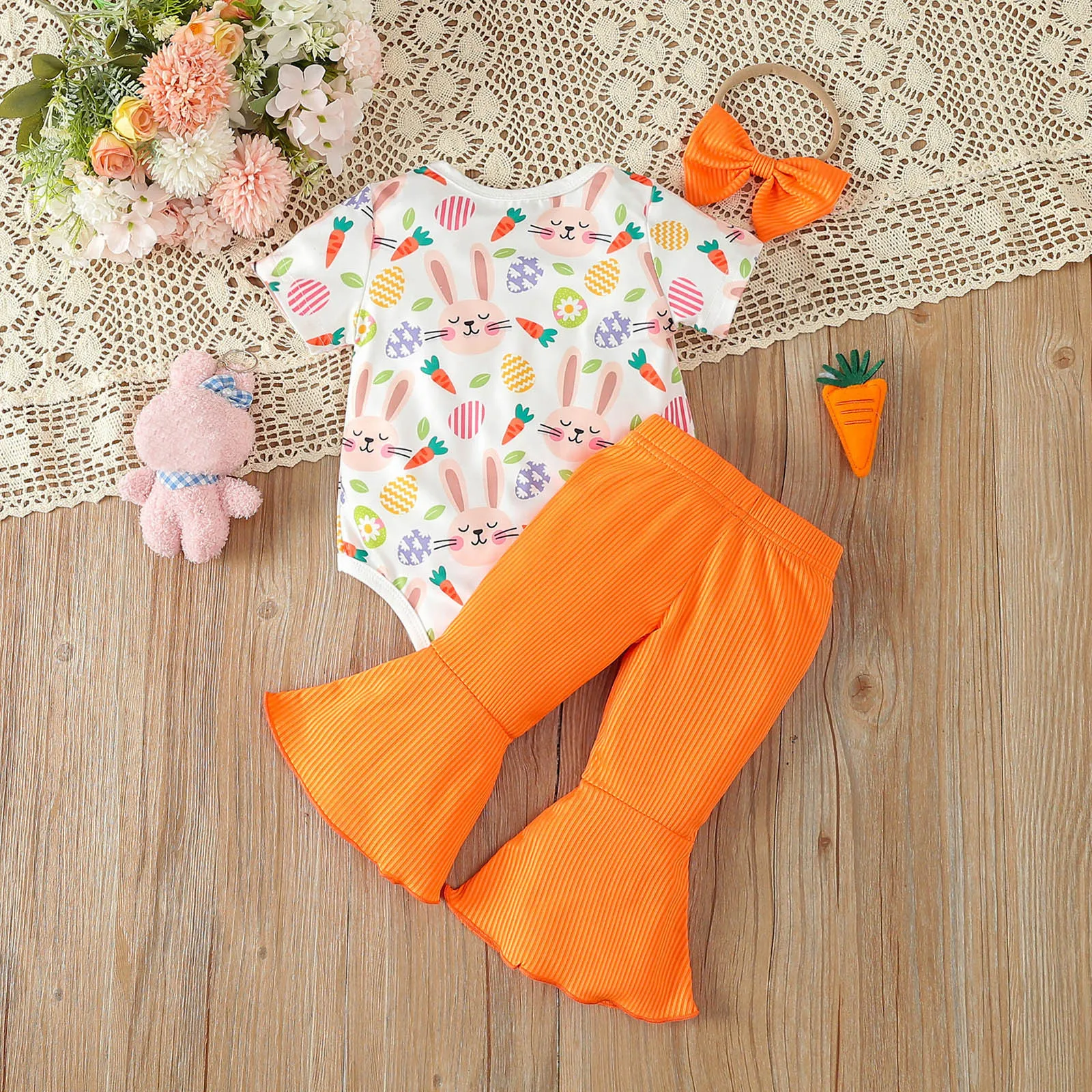 Infant Girls Short Sleeve Outfits Cute Rabbit Prints Romper Bodysuit Bell Bottoms Pants Outfits Girl Bodysuit Set 3 6 9 12 18M