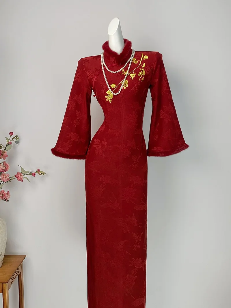 

Red Wine Color Qipao Wedding Dr with Fce Thi Long Sve New Chinese Sle Engagement Ceremony Dr for Women