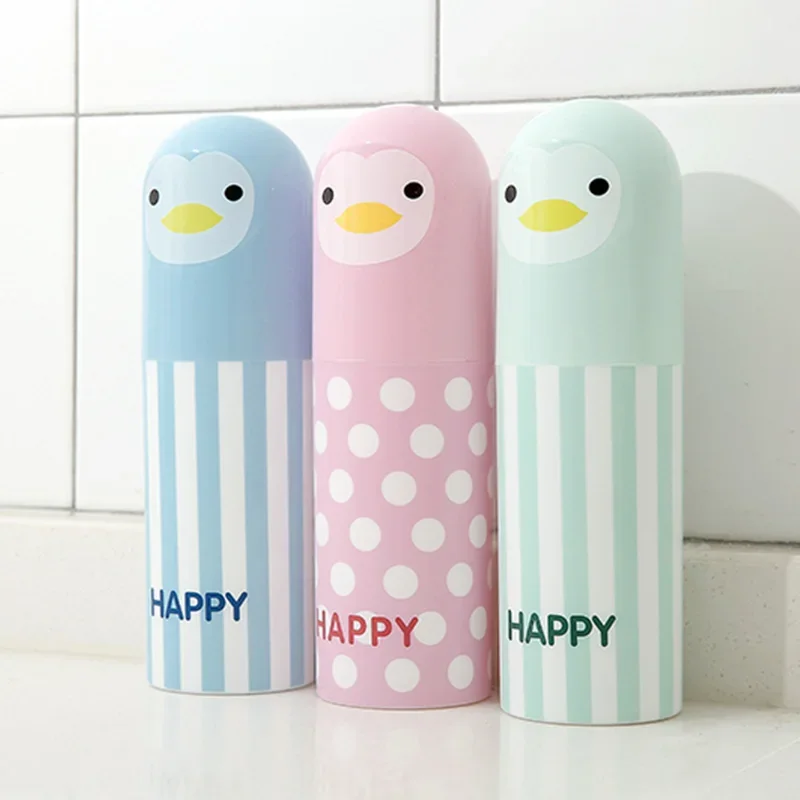 1pc Cute Penguin Plastic Cartoon Toothbrush Box Portable Travel Toothbrush Holder Sanitary Ware Suit Toothpaste Storage Box