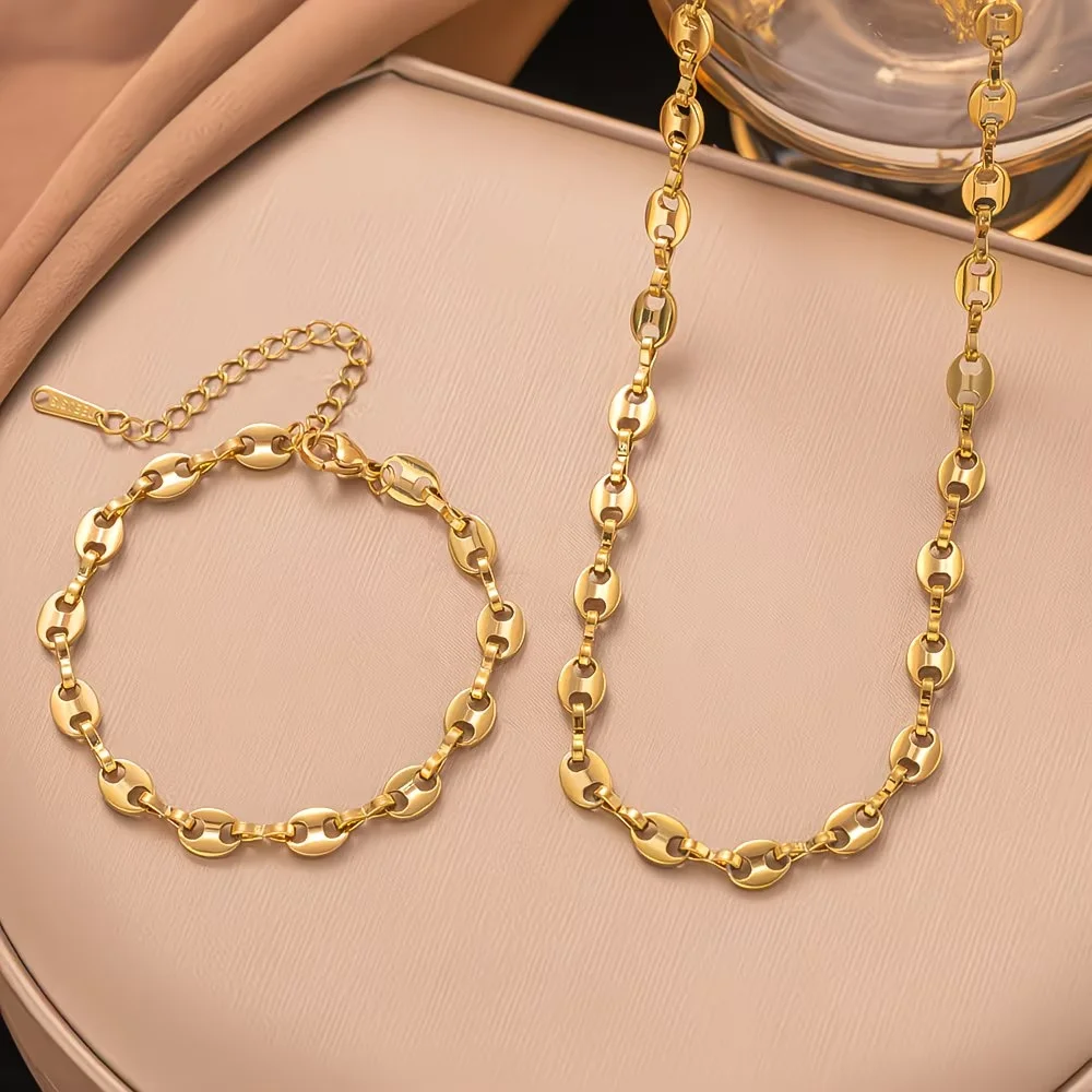Modisches Unisex Goldfarbenes Kaffeebohnen-Perlen Ketten-Halskette und Armband Set mit Edelstahl-Verschluss Halsschmuck für Partys – Detail 7