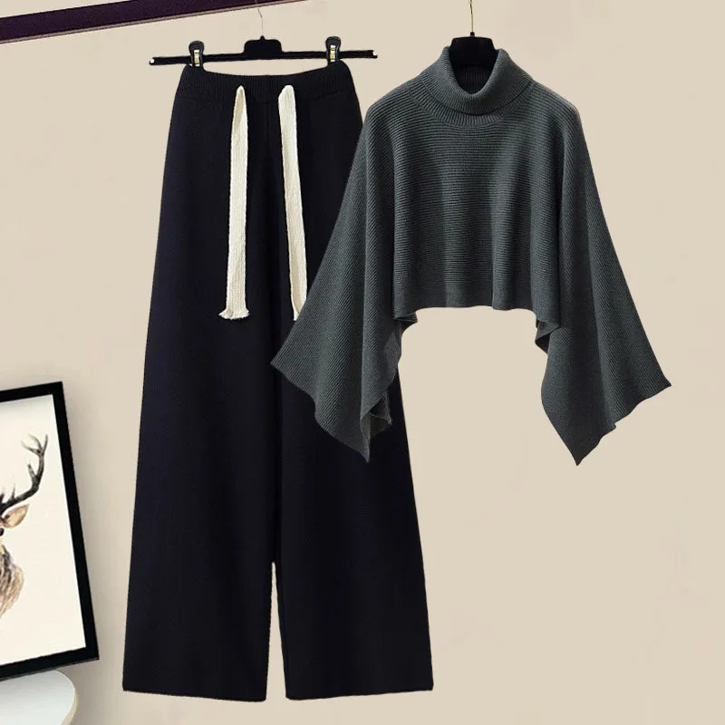 Fall Winter Knitted Two Pieces Sets For Women Clothings 2024 Turtleneck Irregular Cloak+high Waist Wide Leg Knitting Pants Sets