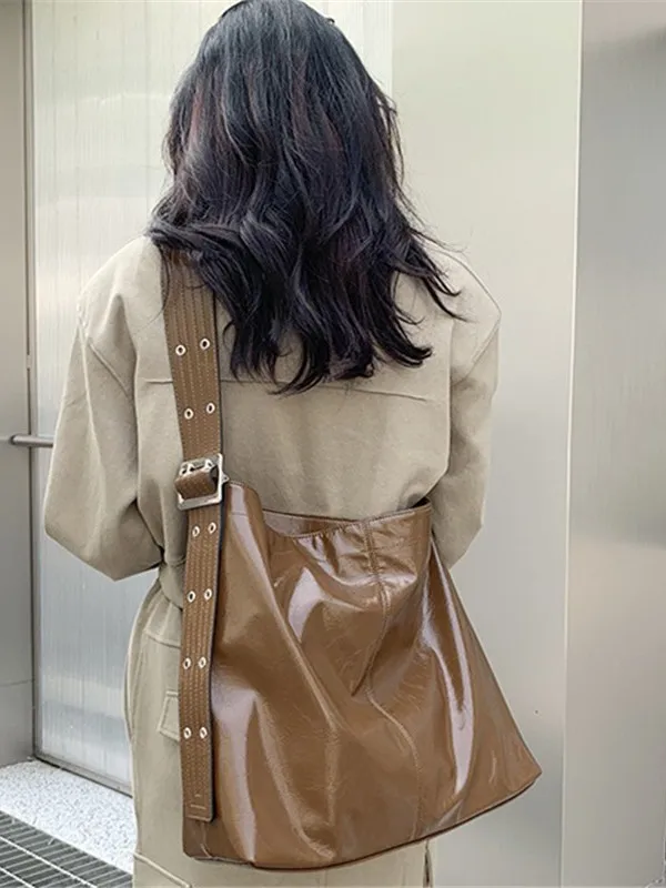 

Retro Pure Color Oil Wax Leather Tote Bag with Wide oulder Strap Slung across the Body Large Casual Women's Bag for Autumn ...