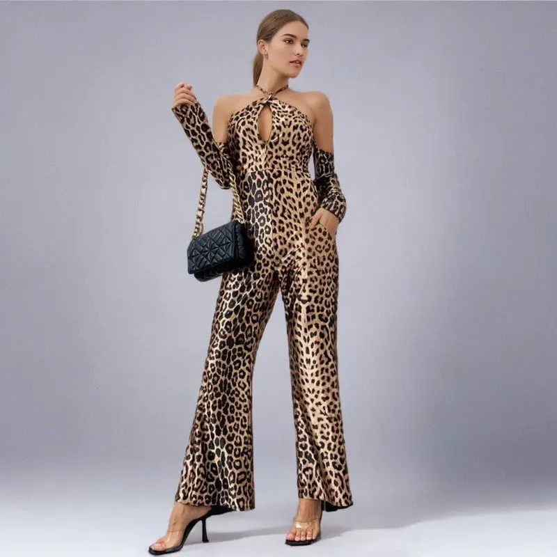 High Waist Straight Leg Pants Long Pants Belted Leopard Print Rer  Jumpsuit Middle East Cross Border Netie