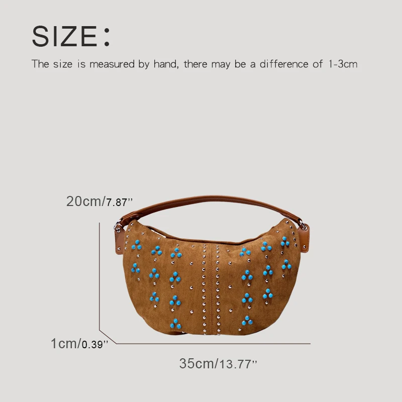 Faux Suede Half Moon Bag For Women Luxury Designer Handbag Purse 2024 New In Polyester Mosaic Beads Rivet Slim Underarm Shoulder