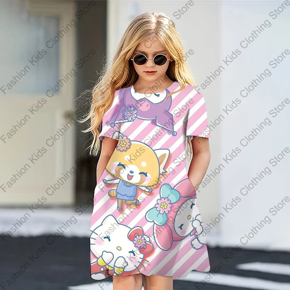 MINISO Summer Dress Fashion Cartoon Hello Kitty & Friends stampato abiti da donna ragazze manica corta Princess Dress abbigliamento per ragazze