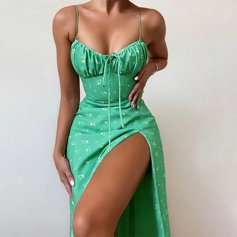 

New Summer dress Women's Sexy Slim Fit Sleeveless High Waist Fashion Floral Fold Lace Up Split Hanging Strap Floral Print Dress