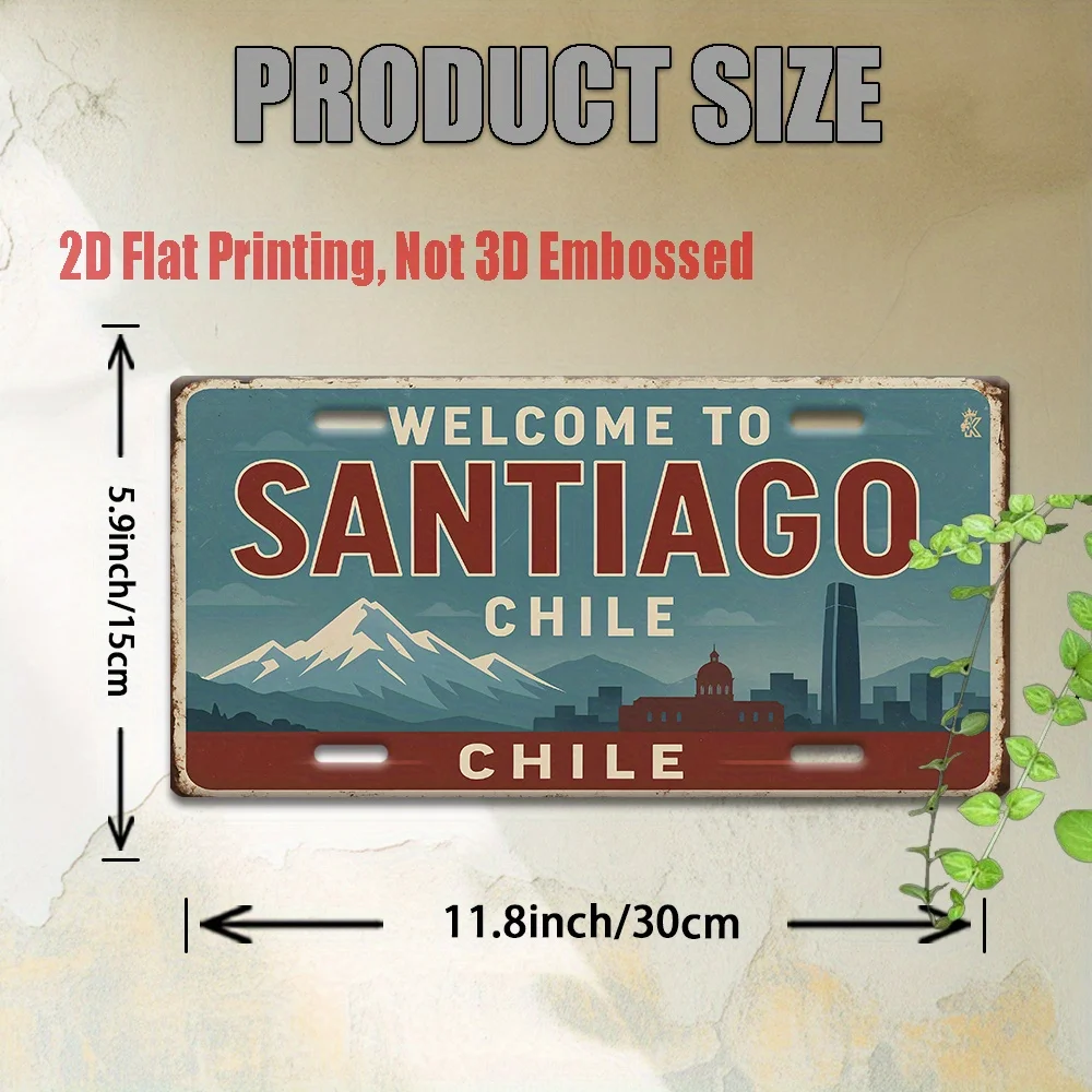 2D Flat, 2D Flat Printing, 1pc, Santiago City and Snowy Peak View Metal Sign, for Decorationg Only, Decorative Signs & Plaques (