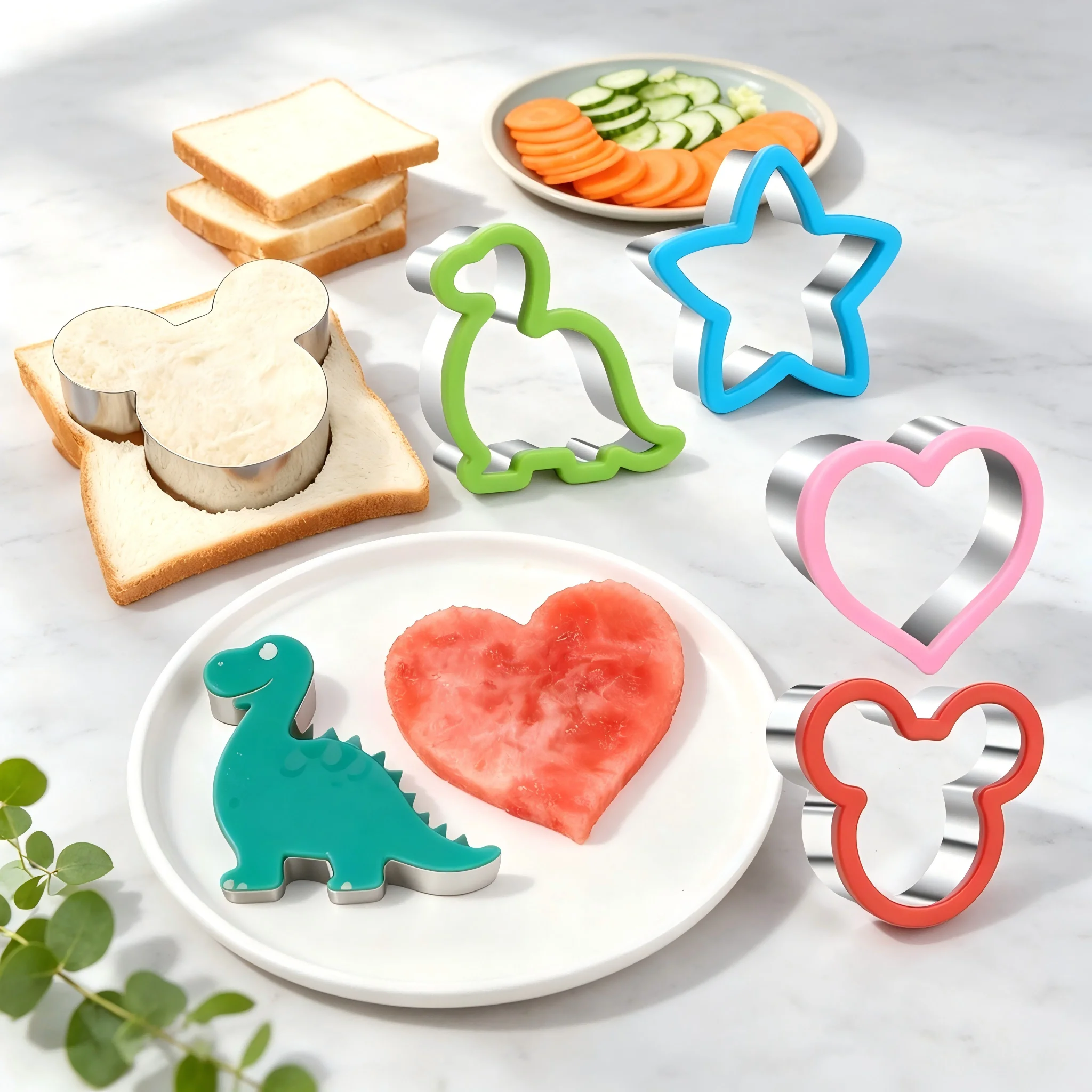 4PCS Sandwich Cutter Set Stainless Steel Non-Slip Dinosaur Bear Heart Star Molds for Bread Cookie Kids Holiday Party Home Baking